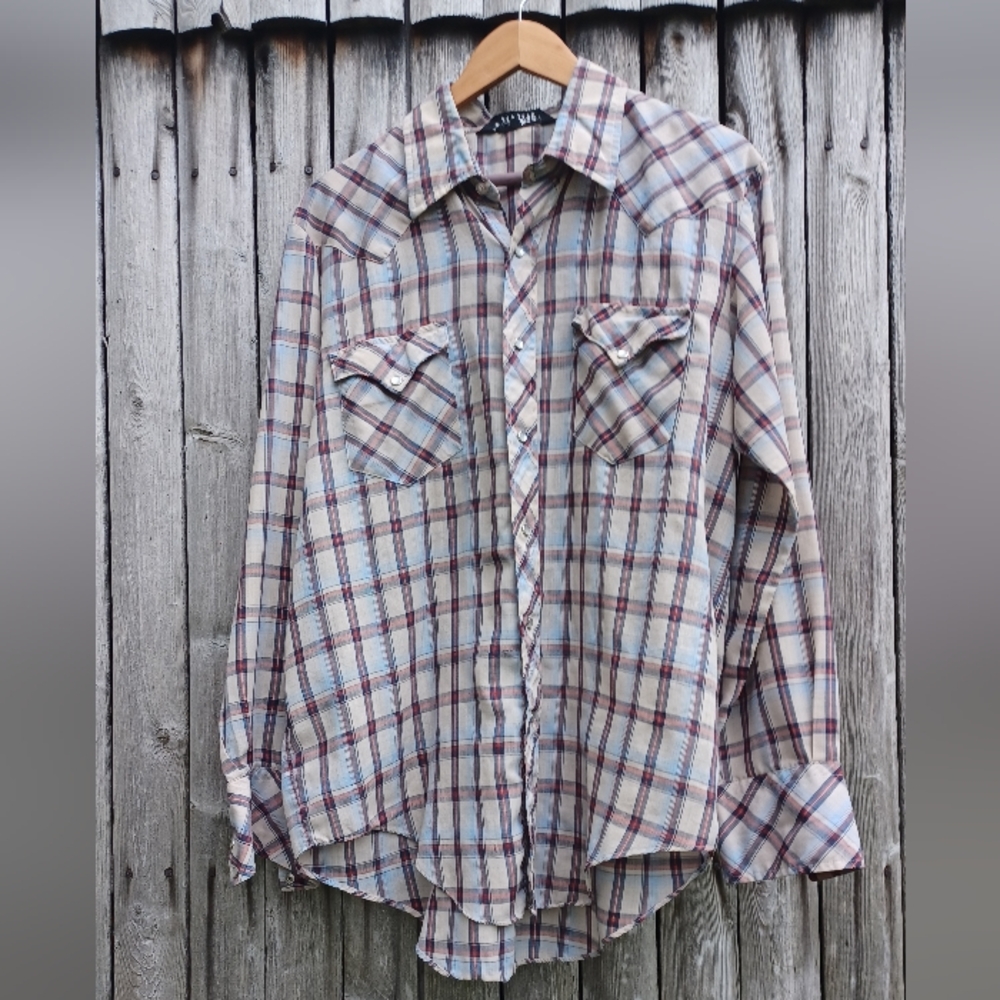 Vintage 70s New Castle Apparel beige blue pearl snap front western shirt mens L - Picture 7 of 8